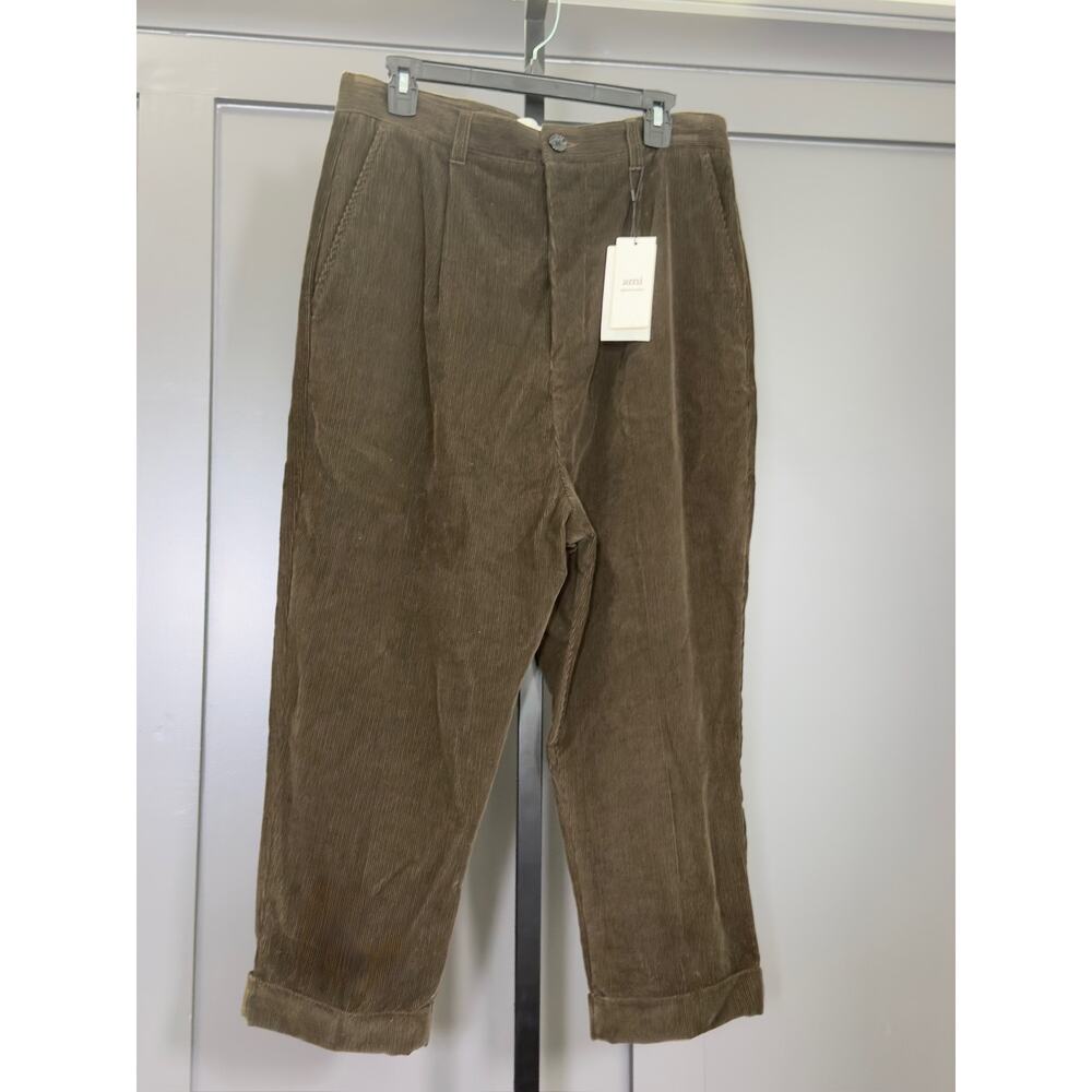 NWT AMI Paris Corduroy Box-Pleated Tapered Trousers, $435
